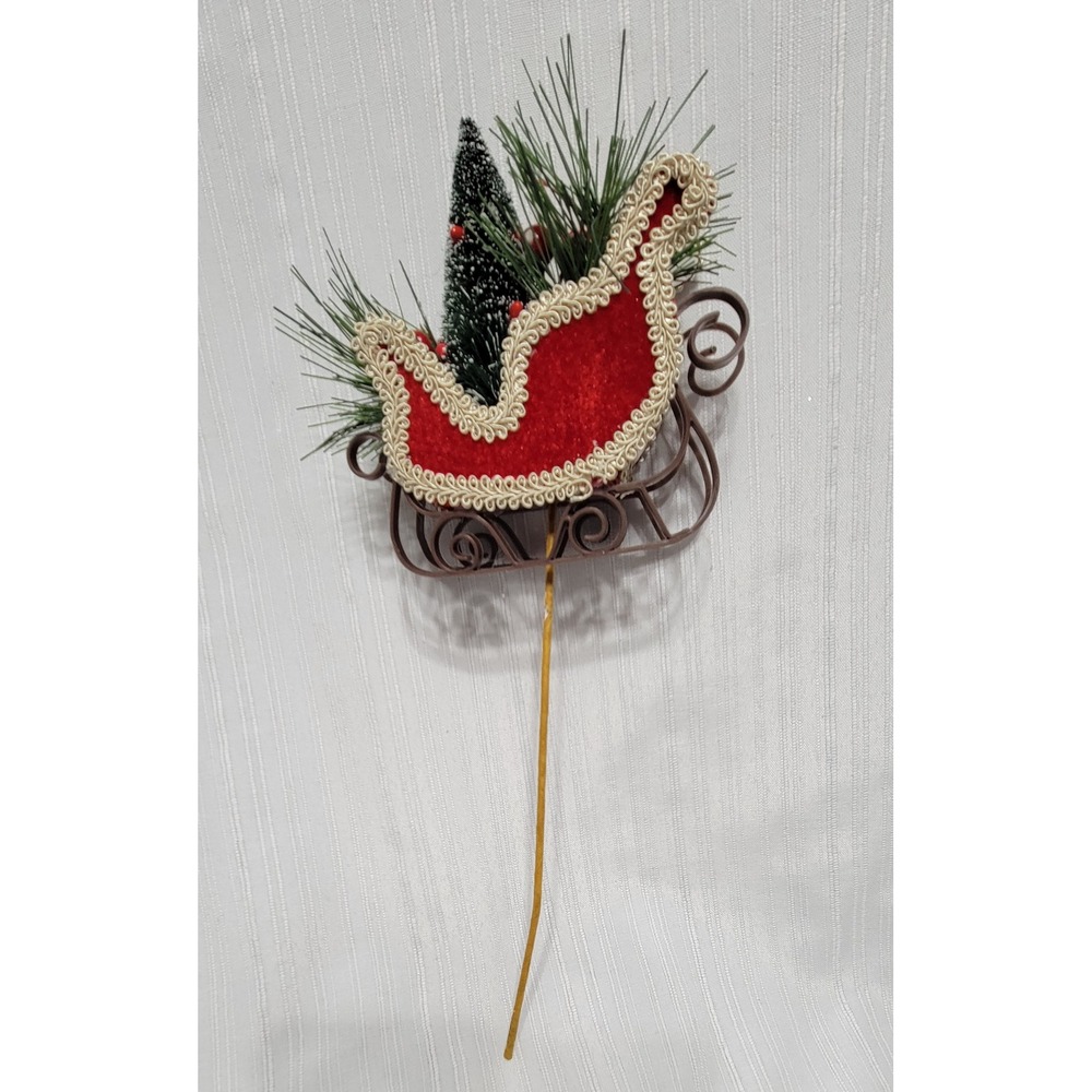 Vintage Christmas Sleigh Floral Pick Red Velvet Bottle Brush Tree Decoration